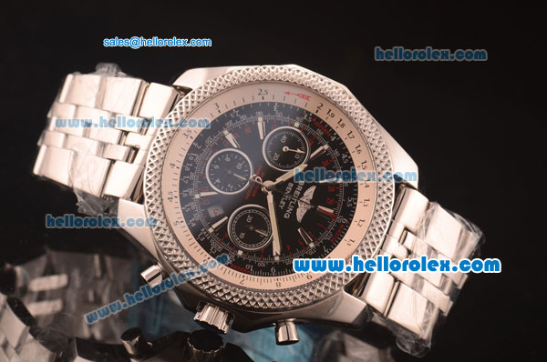 Breitling Bentley Swiss Valjoux 7750 Chronograph Movement Honeycomb Bezel with Black Dial and Silver Stick Marker-SS Strap - Click Image to Close