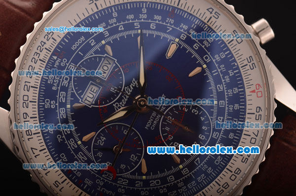 Breitling Montbrillant Swiss Valjoux 7751 Automatic Steel Case with Blue Dial and Brwon Leather Strap - Click Image to Close