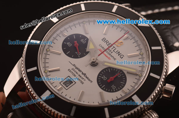 Breitling Superocean Swiss Valjoux 7750 Automatic Steel Case with White Dial and Black Leather Strap - Click Image to Close