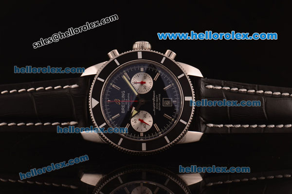 Breitling Superocean Swiss Valjoux 7750 Automatic Steel Case with Black Dial and Black Leather Strap - Click Image to Close