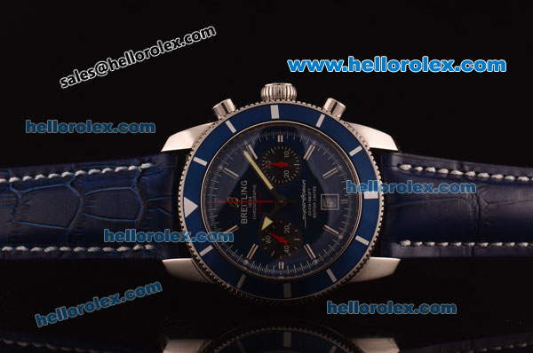 Breitling Superocean Swiss Valjoux 7750 Automatic Steel Case with Blue Dial and Blue Leather Strap - Click Image to Close