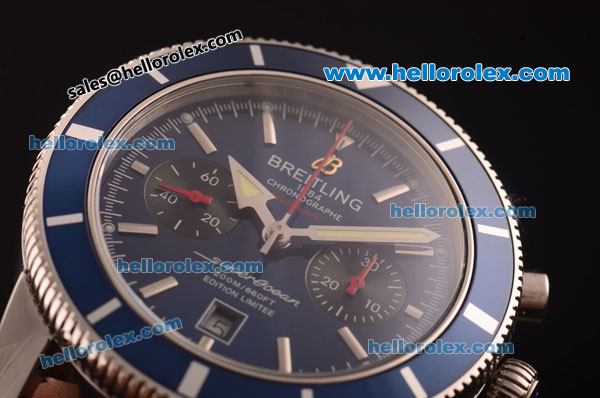Breitling Superocean Swiss Valjoux 7750 Automatic Steel Case with Blue Dial and Blue Leather Strap - Click Image to Close