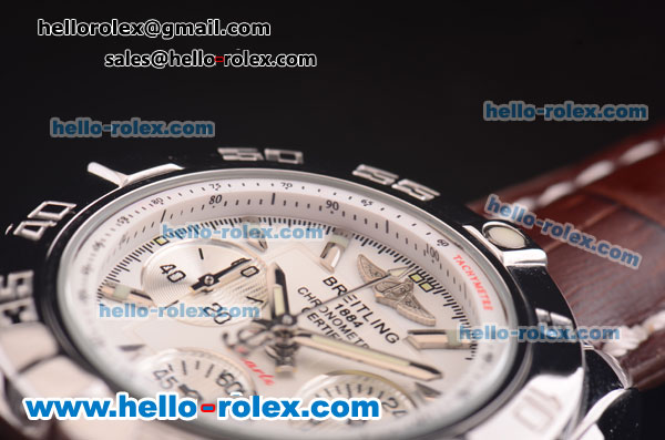 Breitling Chronomat B01 Chronograph Miyota Quartz Steel Case with White Dial and Brown Leather Strap - Click Image to Close