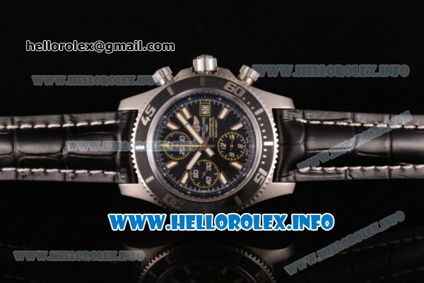 Breitling Superocean Chronograph II Chronograph Swiss Valjoux 7750 Automatic Steel Case with Black Dial Black Leather Strap and Stick Markers - Click Image to Close