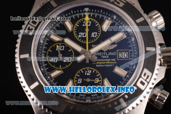 Breitling Superocean Chronograph II Chronograph Swiss Valjoux 7750 Automatic Steel Case with Black Dial Black Leather Strap and Stick Markers - Click Image to Close