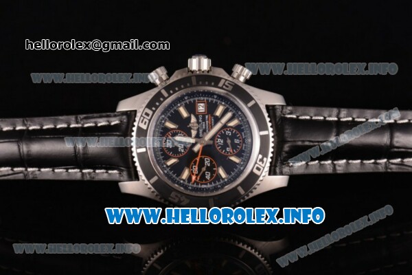 Breitling Superocean Chronograph II Chronograph Swiss Valjoux 7750 Automatic Steel Case with Black Dial Black Leather Strap and Oranger Second Hand - Click Image to Close