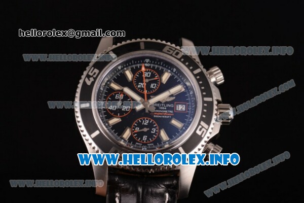 Breitling Superocean Chronograph II Chronograph Swiss Valjoux 7750 Automatic Steel Case with Black Dial Black Leather Strap and Oranger Second Hand - Click Image to Close