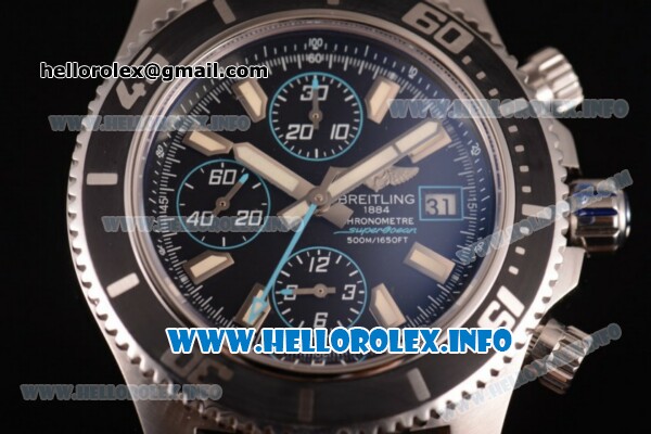 Breitling Superocean Chronograph II Chronograph Swiss Valjoux 7750 Automatic Steel Case with Black Dial Black Leather Strap and Stick Markers -Blue Second Hand - Click Image to Close