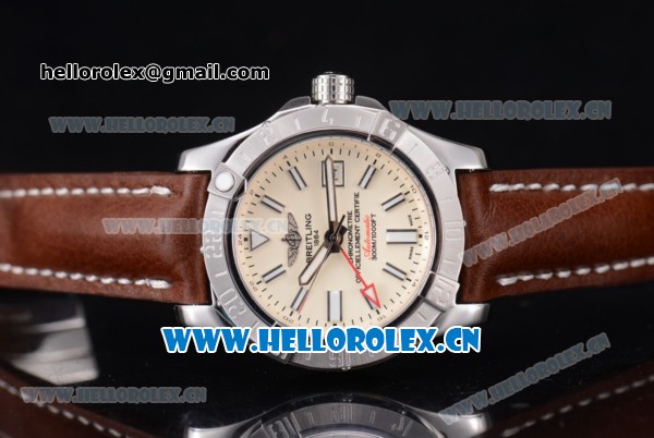 Breitling Avenger II GMT Swiss ETA 2824 Automatic Steel Case with White Dial Stick Markers and Brown Leather Strap - Click Image to Close