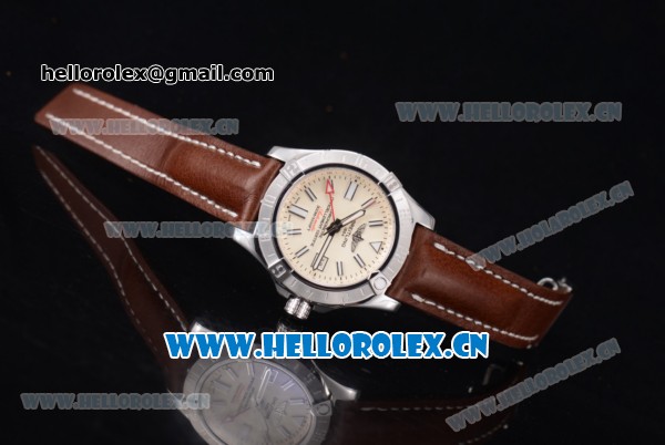 Breitling Avenger II GMT Swiss ETA 2824 Automatic Steel Case with White Dial Stick Markers and Brown Leather Strap - Click Image to Close