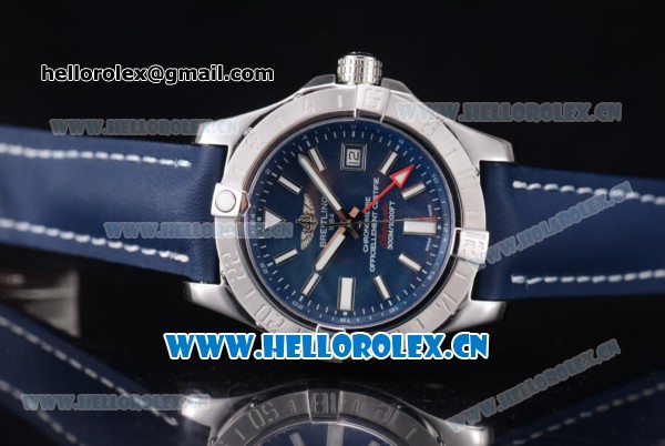 Breitling Avenger II GMT Swiss ETA 2824 Automatic Steel Case with Blue Dial Stick Markers and Blue Leather Strap - Click Image to Close