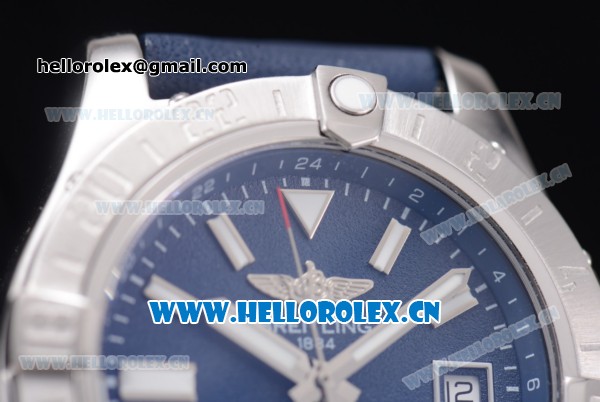 Breitling Avenger II GMT Swiss ETA 2824 Automatic Steel Case with Blue Dial Stick Markers and Blue Leather Strap - Click Image to Close
