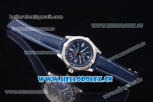 Breitling Avenger II GMT Swiss ETA 2824 Automatic Steel Case with Blue Dial Stick Markers and Blue Leather Strap - Click Image to Close