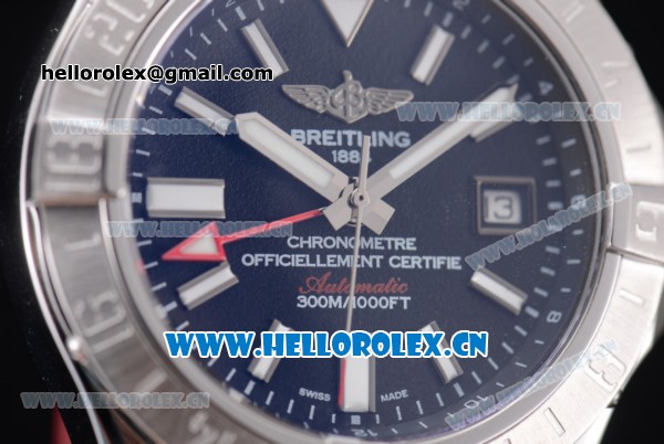 Breitling Avenger II GMT Swiss ETA 2824 Automatic Steel Case with Black Dial Stick Markers and Red Leather Strap - Click Image to Close