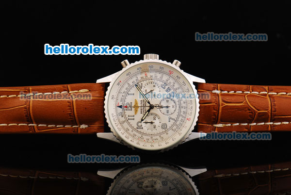 Breitling Navitimer Chronograph Quartz Movement Silver Case with White Dial and Brown Leather Strap - Click Image to Close