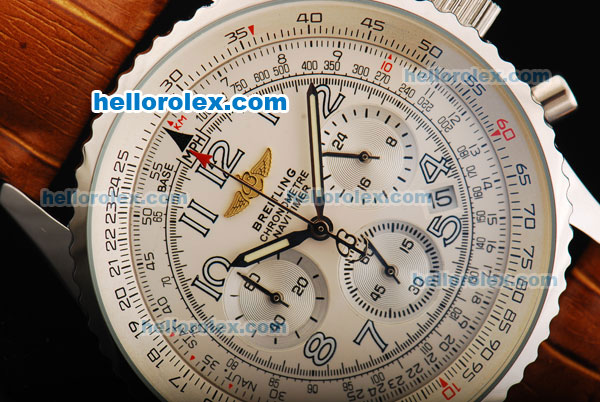 Breitling Navitimer Chronograph Quartz Movement Silver Case with White Dial and Brown Leather Strap - Click Image to Close