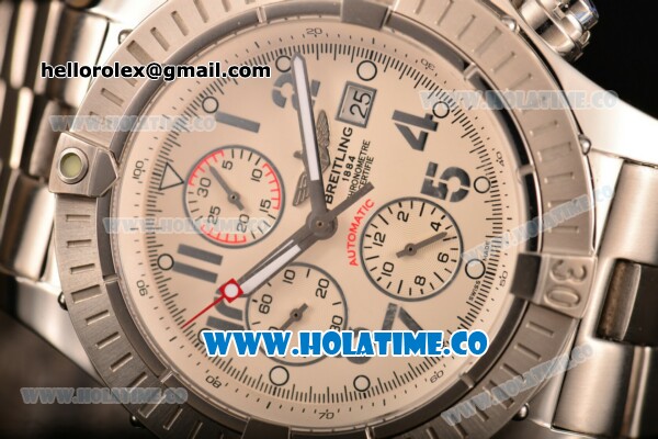 Breitling Super Avenger Ultimate Chrono Swiss Valjoux 7750 Automatic Silver Case with White Dial - Click Image to Close