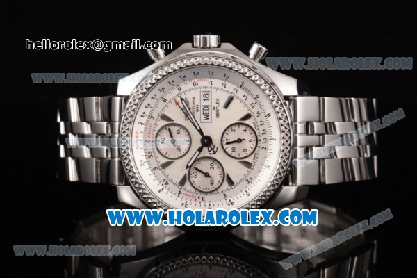 Breitling Bentley Motors Chrono Swiss Valjoux 7750 Automatic Steel Case/Bracelet with White Dial and Silver Stick Markers (BP) - Click Image to Close