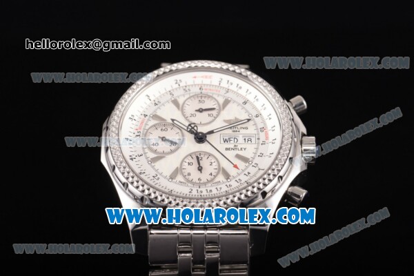 Breitling Bentley Motors Chrono Swiss Valjoux 7750 Automatic Steel Case/Bracelet with White Dial and Silver Stick Markers (BP) - Click Image to Close