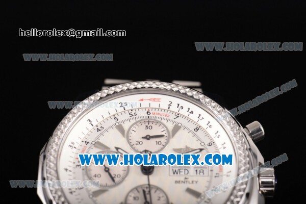 Breitling Bentley Motors Chrono Swiss Valjoux 7750 Automatic Steel Case/Bracelet with White Dial and Silver Stick Markers (BP) - Click Image to Close