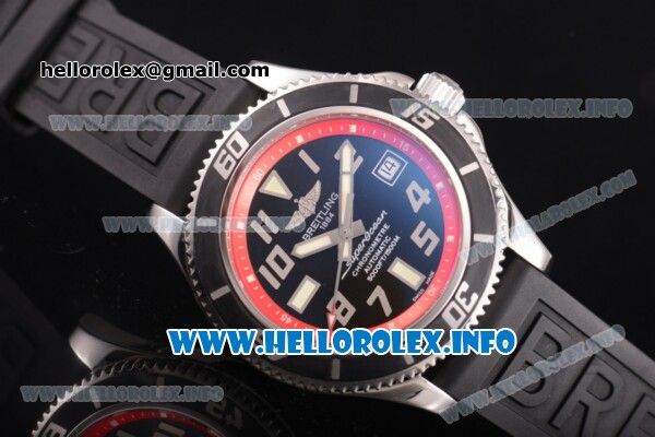 Breitling Superocean 42 Swiss ETA 2824 Automatic Steel Case with Black Dial and Arabic Numeral Markers - Red Inner Bezel - Click Image to Close