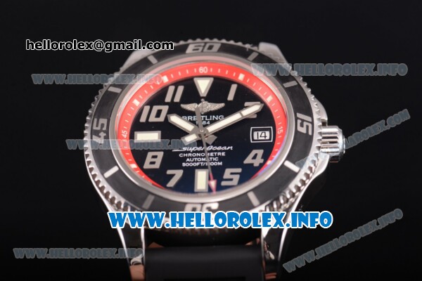 Breitling Superocean 42 Swiss ETA 2824 Automatic Steel Case with Black Dial and Arabic Numeral Markers - Red Inner Bezel - Click Image to Close