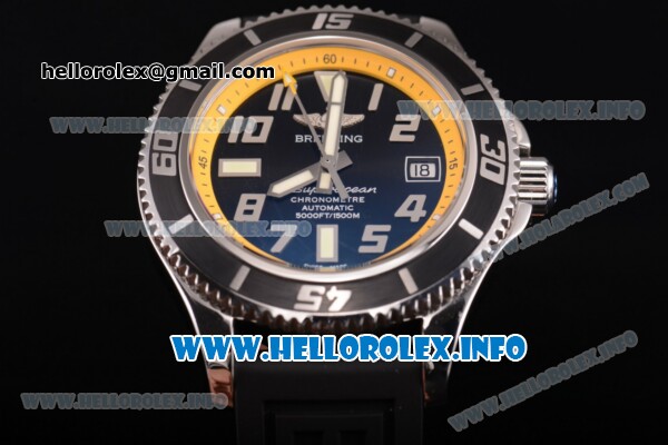 Breitling Superocean 42 Swiss ETA 2824 Automatic Steel Case with Black Dial and Arabic Numeral Markers - Yellow Inner Bezel - Click Image to Close