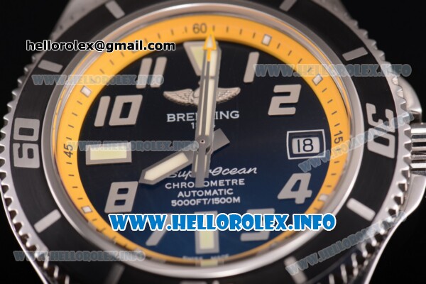 Breitling Superocean 42 Swiss ETA 2824 Automatic Steel Case with Black Dial and Arabic Numeral Markers - Yellow Inner Bezel - Click Image to Close