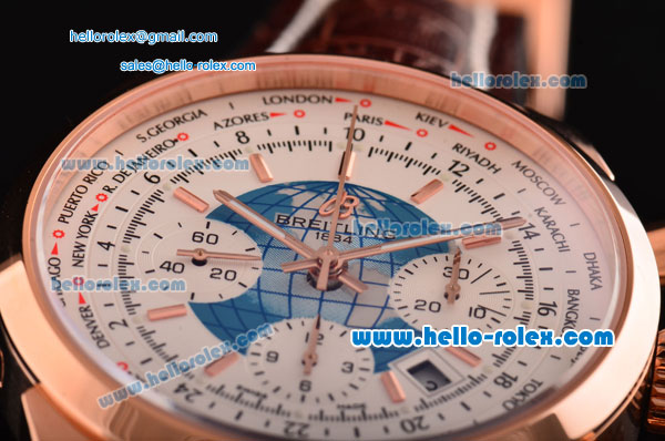 Breitling Transocean Chronograph Unitime Chrono Swiss Valjoux 7750-SHG Automatic Rose Gold Case with Brown Leather Strap White Dial Stick Markers - Click Image to Close