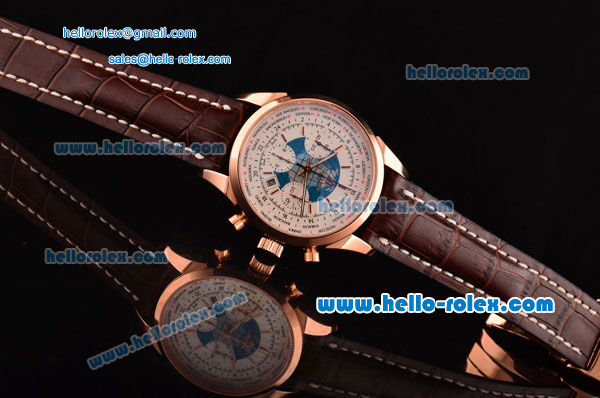 Breitling Transocean Chronograph Unitime Chrono Swiss Valjoux 7750-SHG Automatic Rose Gold Case with Brown Leather Strap White Dial Stick Markers - Click Image to Close