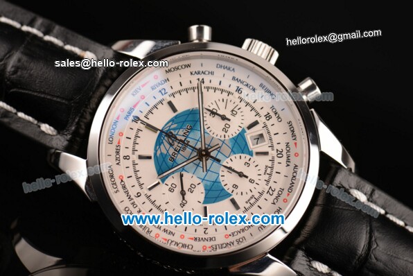 Breitling Transocean Chronograph Unitime Chrono Swiss Valjoux 7750-SHG Automatic Steel Case with Black Leather Strap and White Dial - Click Image to Close
