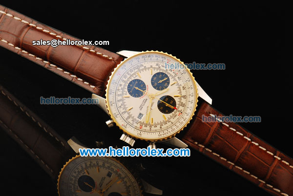 Breitling Navitimer Chronograph Swiss Valjoux 7750 Automatic Movement Steel Case with Gold Bezel and Brown Leather Strap - Click Image to Close