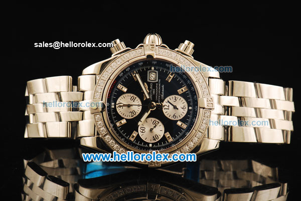 Breitling Chronomat Evolution Chronograph Swiss Valjoux 7750 Automatic Movement Full Steel with Black Dial and Diamond Bezel - Click Image to Close