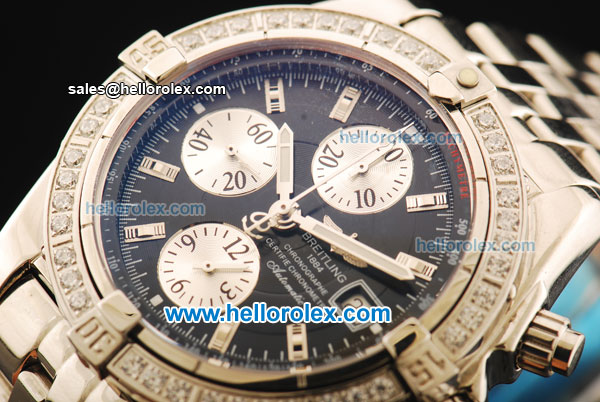 Breitling Chronomat Evolution Chronograph Swiss Valjoux 7750 Automatic Movement Full Steel with Black Dial and Diamond Bezel - Click Image to Close