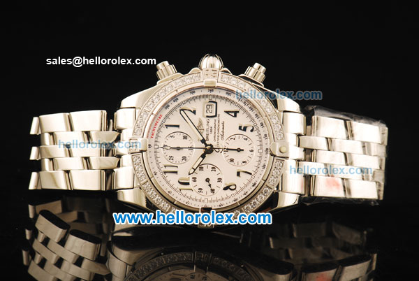 Breitling Chronomat Evolution Chronograph Swiss Valjoux 7750 Automatic Movement Steel Case with Diamond Bezel and White Dial - Click Image to Close