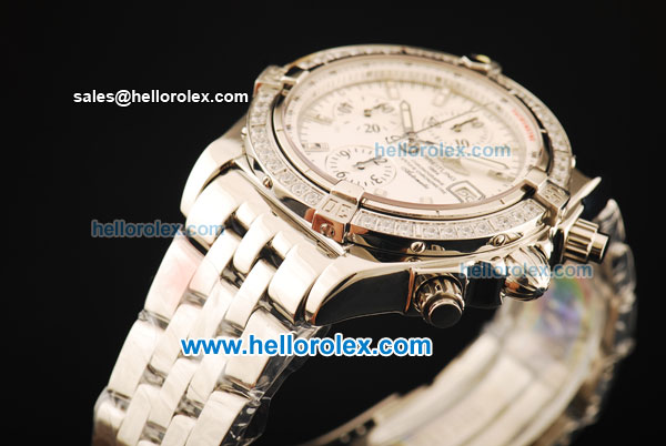 Breitling Chronomat Evolution Chronograph Swiss Valjoux 7750 Automatic Movement Full Steel with White Dial and Diamond Bezel - Click Image to Close