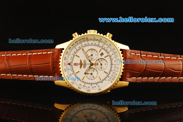 Breitling Navitimer Chronograph Miyota Quartz Movement Gold Case with White Dial and Gold Bezel-Brown Leather Strap - Click Image to Close