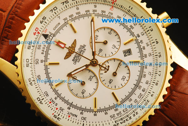 Breitling Navitimer Chronograph Miyota Quartz Movement Gold Case with White Dial and Gold Bezel-Brown Leather Strap - Click Image to Close