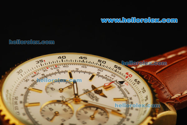 Breitling Navitimer Chronograph Miyota Quartz Movement Gold Case with White Dial and Gold Bezel-Brown Leather Strap - Click Image to Close