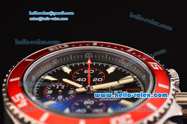 Breitling SuperOcean Chronograph II Miyota OS10 Quartz Steel Case with Red Bezel Stick Markers and Black Dial - Click Image to Close