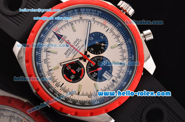 Breitling Chrono-Matic Chronograph Miyota OS20 Quartz Steel Case with White Dial Black Rubber Strap and Red Bezel and Red Bezel - Click Image to Close