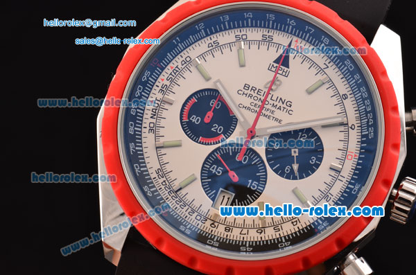 Breitling Chrono-Matic Chronograph Miyota OS20 Quartz Steel Case with White Dial Black Rubber Strap and Red Bezel and Red Bezel - Click Image to Close