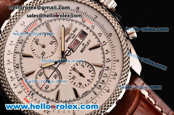 Breitling Bentley GT Chrono Swiss Valjoux 7750-SHG Automatic Steel Case with Brown Leather Strap White Dial and Stick Markers - Click Image to Close