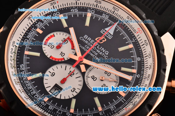 Breitling Chrono-Matic Swiss Valjoux 7750-DD Automatic Rose Gold Case with Black Bezel Black Rubber Strap and Stick Markers - Click Image to Close