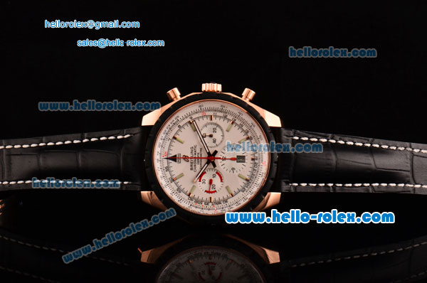 Breitling Chrono-Matic Swiss Valjoux 7750-DD Automatic Rose Gold Case with White Dial Black Leather Strap and Stick Markers - Click Image to Close