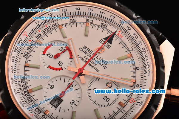Breitling Chrono-Matic Swiss Valjoux 7750-DD Automatic Rose Gold Case with White Dial Black Leather Strap and Stick Markers - Click Image to Close