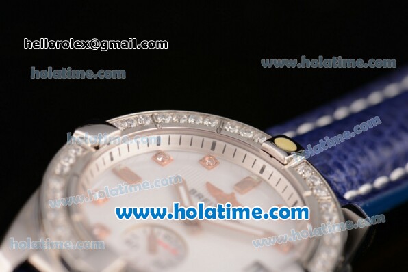 Breitling Galactic 36 Miyota Quartz Steel Case with Blue Leather Bracelet White Dial and Diamond Bezel - Click Image to Close