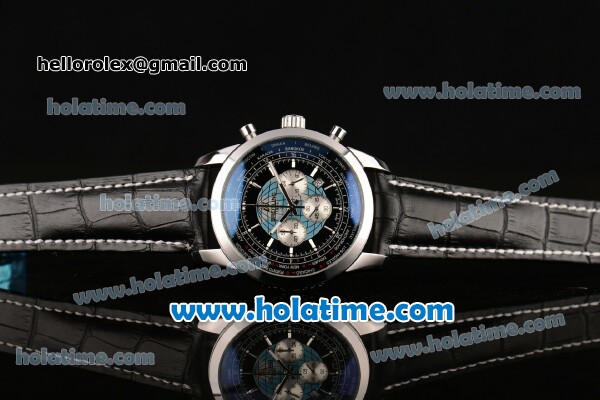Breitling Transocean Chronograph Unitime Miyota OS20 Quartz Steel Case with Black Leather Bracelet Stick Markers and Black/Blue Dial - Click Image to Close