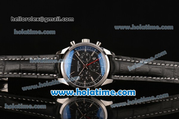 Breitling Transocean Chronograph GMT Swiss Valjoux 7750 Automatic Steel Case with Black Leather Bracelet Silver Markers and Black Dial - Click Image to Close