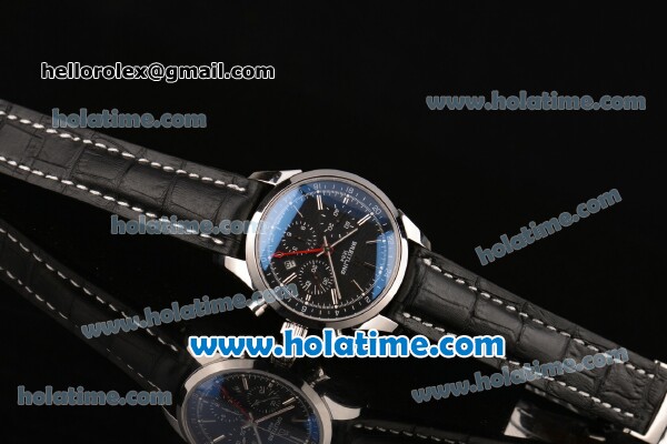 Breitling Transocean Chronograph GMT Swiss Valjoux 7750 Automatic Steel Case with Black Leather Bracelet Silver Markers and Black Dial - Click Image to Close